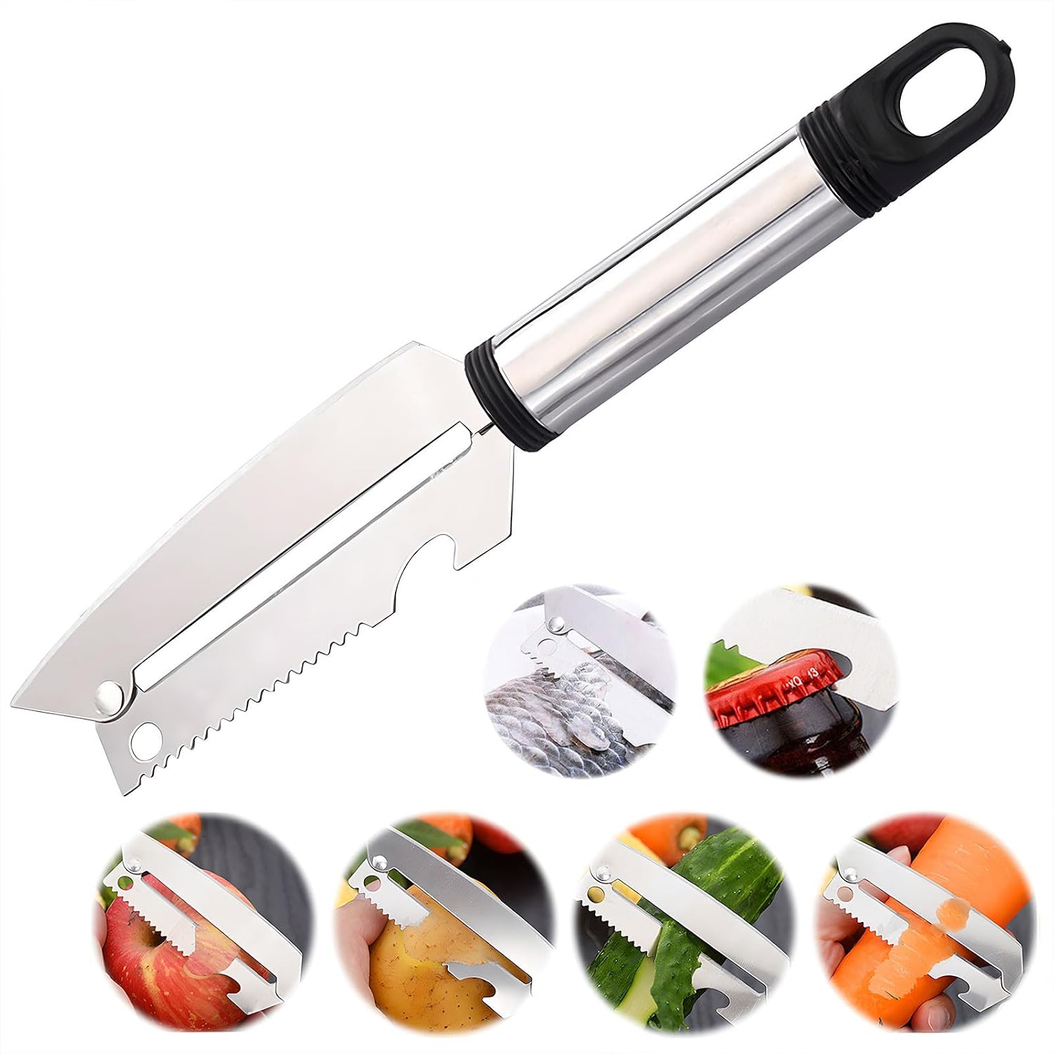 Cuchillo Pelador Multifuncional 5 en 1 de Acero Inoxidable x 2 UNIDADES – Pela, Corta, Raspa y Abre
